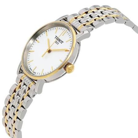 Tissot Everytime two-tone watch angled view showing round white dial and linked bracelet