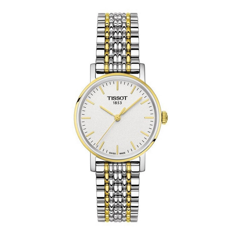Tissot T-Classic Everytime two-tone ladies watch with white dial and steel-gold bracelet, front view