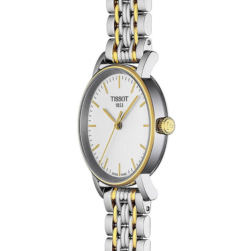 Tissot T-Classic Everytime ladies watch side profile with two-tone steel and gold-plated case