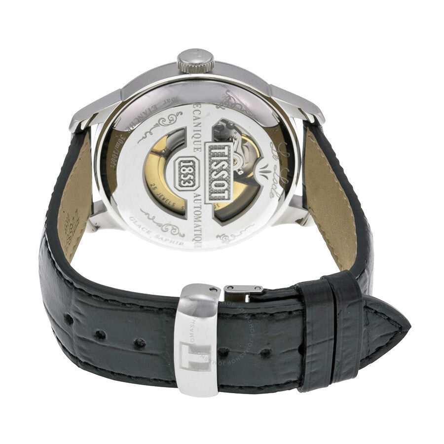 Tissot T-Classic Le Locle caseback showing automatic movement and transparent exhibition display