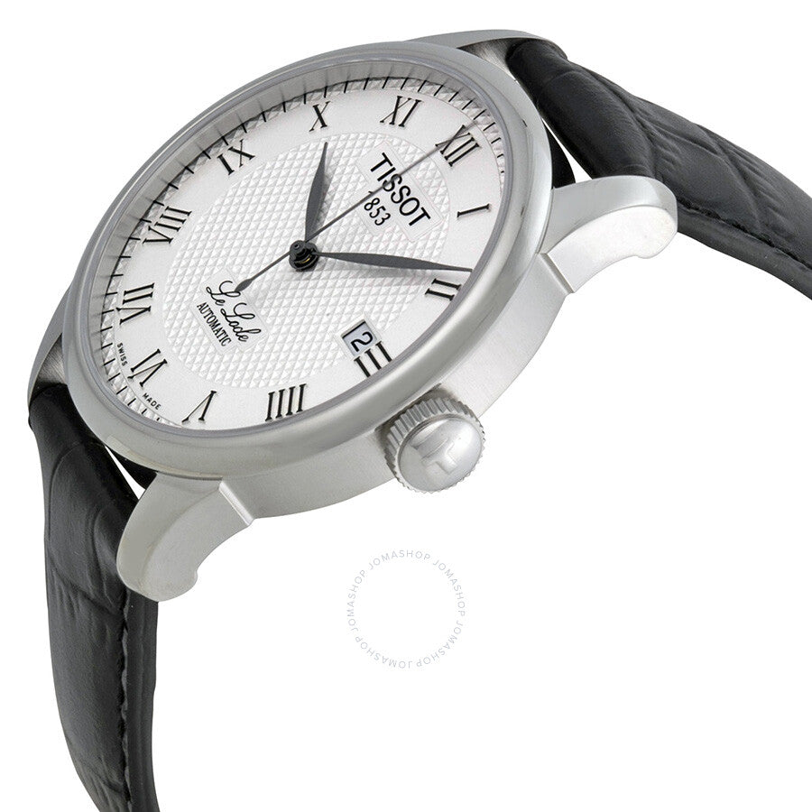 Tissot T-Classic Le Locle men's watch at angle showing case, crown, and black leather strap
