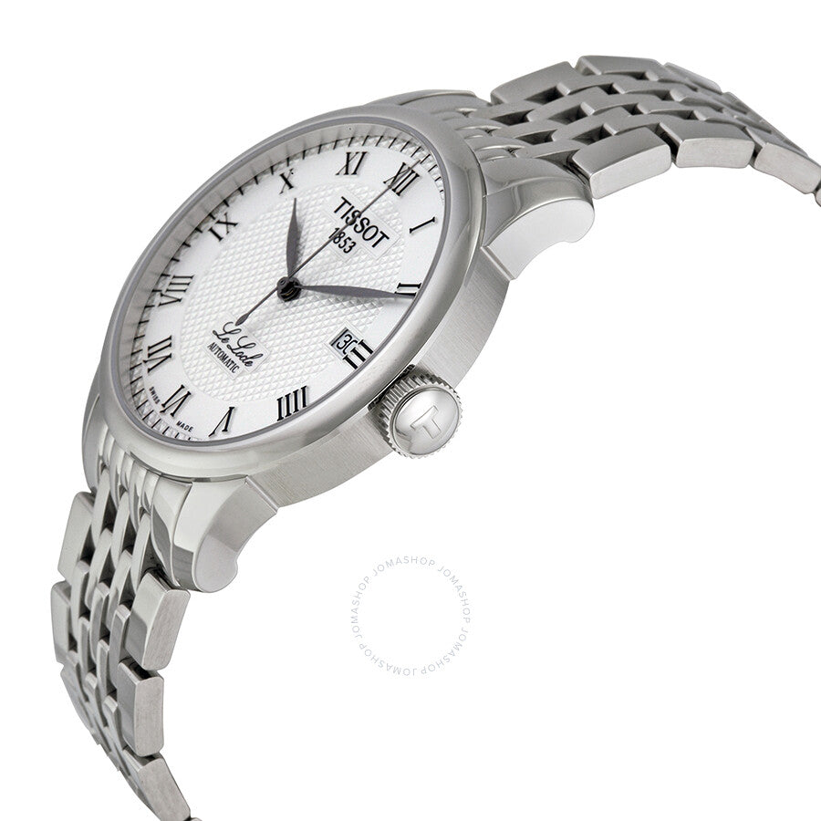 Tissot T-Classic Le Locle watch shown at an angle with stainless steel bracelet visible