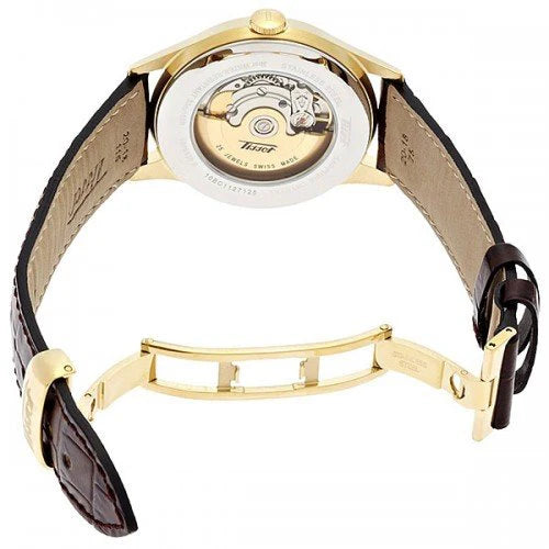 Tissot T41.5.413.73 watch back view with visible automatic movement rotor and strap