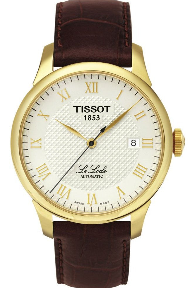 Tissot T Classic Le Locle T41.5.413.73 gold automatic watch with ivory dial and maroon leather strap