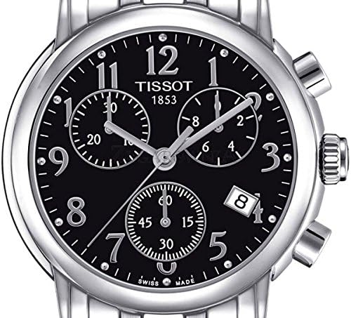 Tissot T Classic chronograph dial detail showing three sub-dials and date window on black background