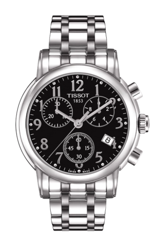 Tissot T Classic chronograph watch with black dial and stainless steel bracelet, front view