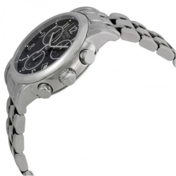 Tissot T Classic chronograph watch shown from side angle with stainless steel case and bracelet