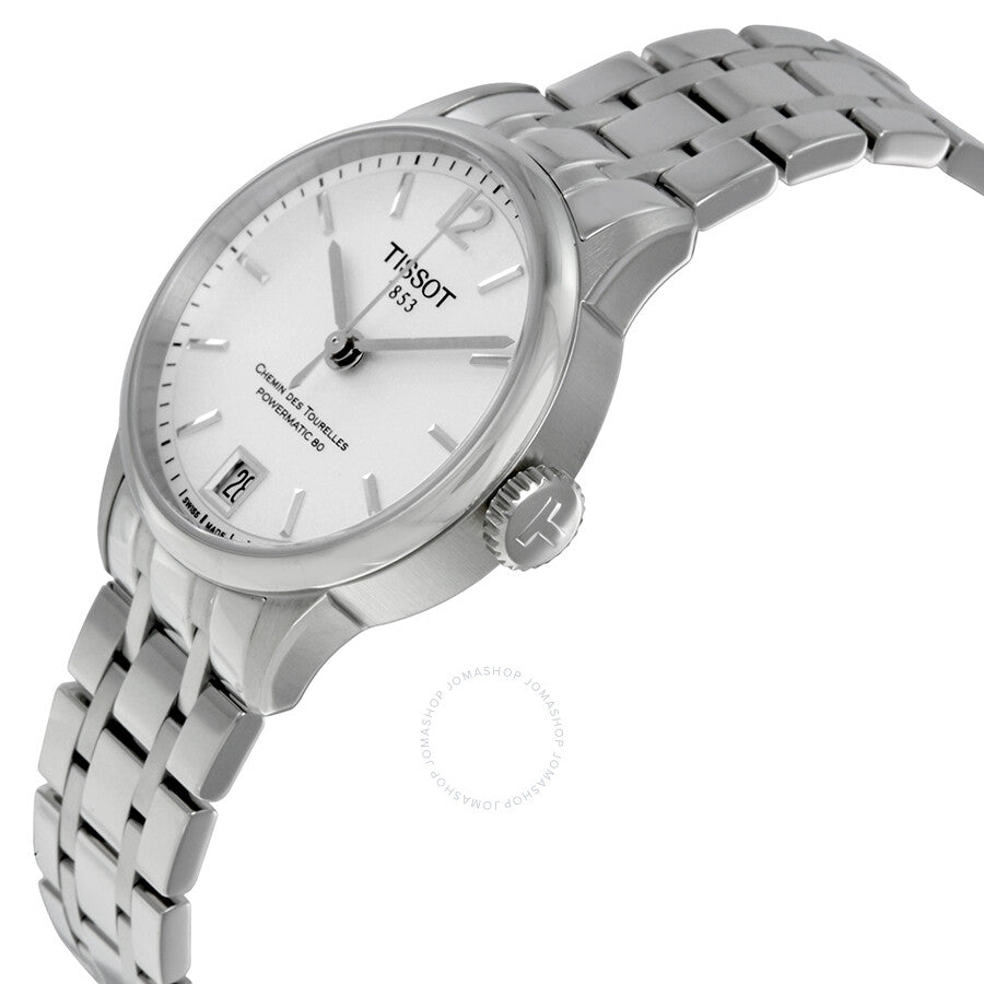Tissot T-Classic watch angled view showing silver dial and linked metal bracelet
