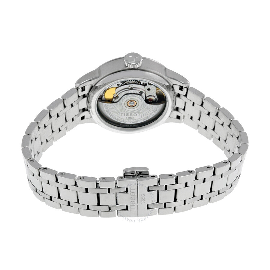 Tissot T-Classic caseback showing automatic movement rotor and stainless steel bracelet