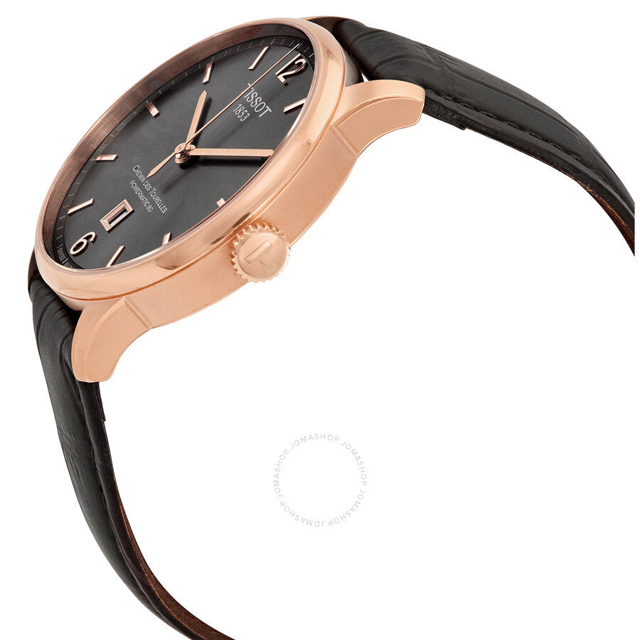 Side angle view of Tissot T-Classic watch showing rose gold case and black leather strap