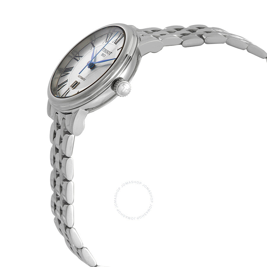 Side angle view of Tissot T-Classic automatic ladies watch showing case profile and bracelet