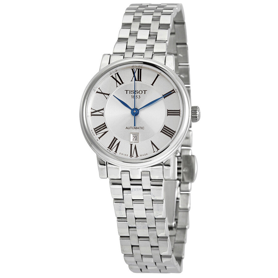 Tissot T-Classic ladies watch with silver dial, Roman numeral hour markers, and stainless steel bracelet