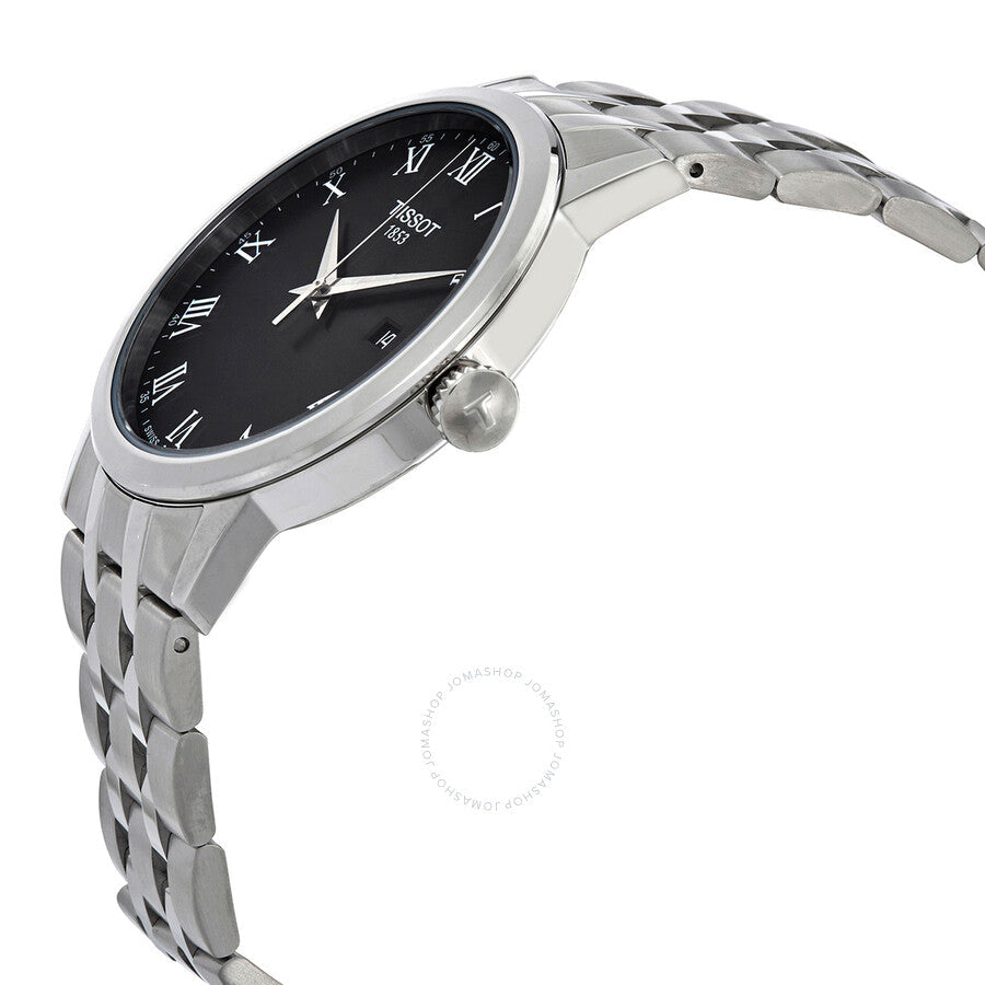 Tissot T-Classic watch angled view showing stainless steel case, crown, and three-link bracelet