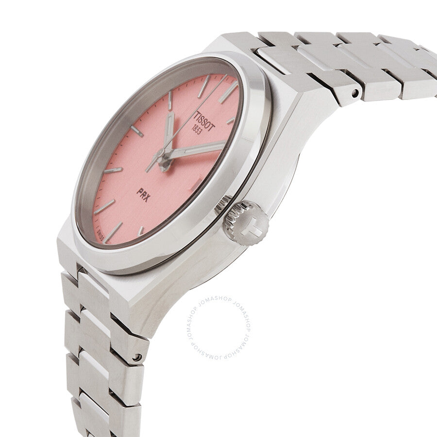 Tissot T-Classic pink dial watch shown at an angle with stainless steel bracelet