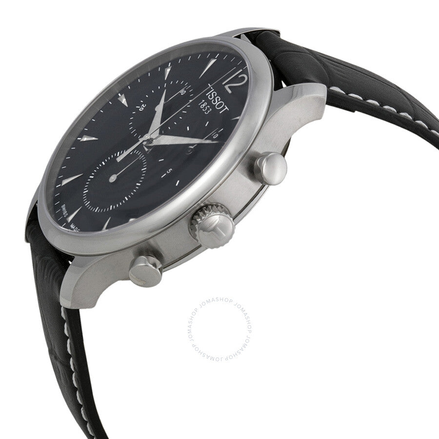 Angled view of Tissot T Classic Tradition chronograph showing steel case, crown, and black leather strap