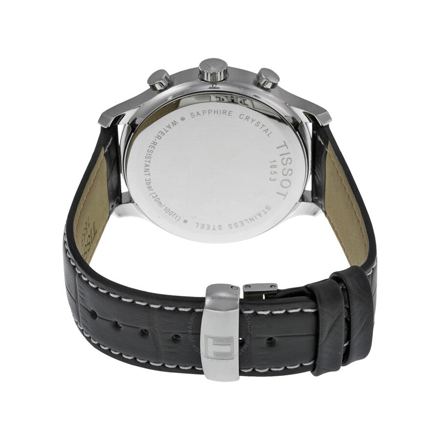 Caseback of Tissot T Classic Tradition chronograph with engraved text and sapphire crystal