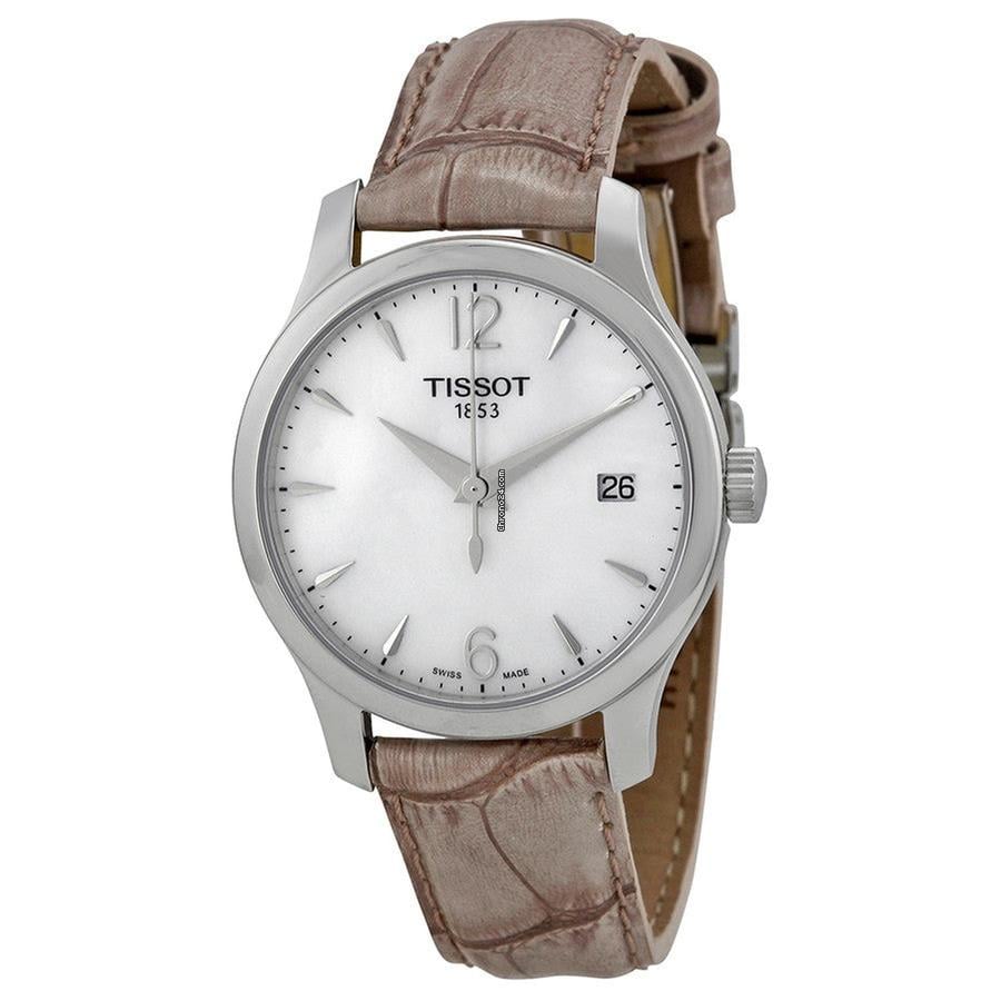 Tissot T Classic Tradition women's watch with silver dial and brown leather strap