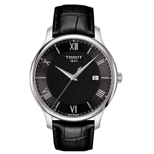 Tissot T-Classic Tradition watch with black dial, Roman numerals, stainless steel case and black leather strap