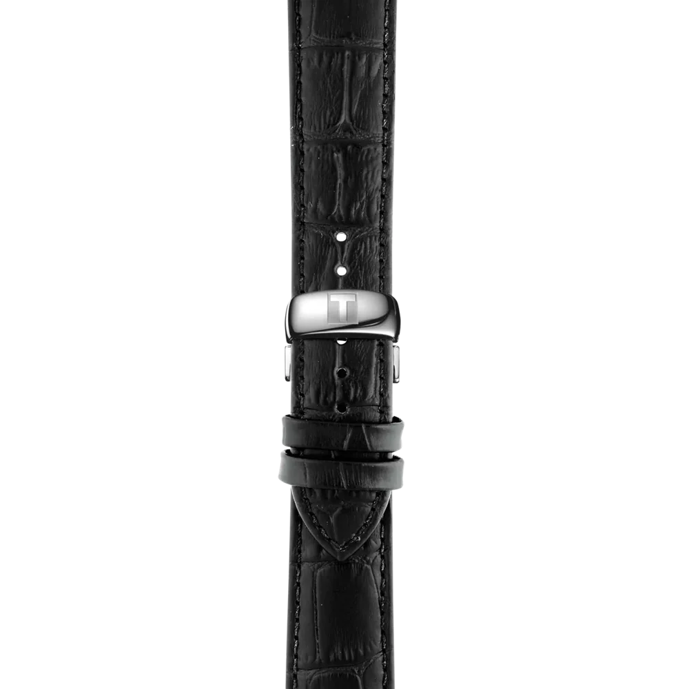 Close-up of black crocodile-embossed leather strap with stainless steel clasp