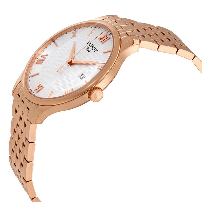 Tissot T-Classic Tradition rose gold watch angled view showing case, dial, and bracelet