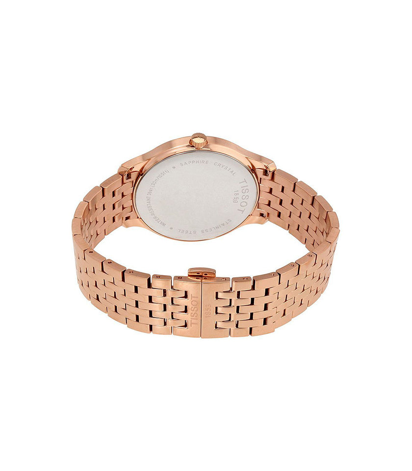 Tissot T-Classic Tradition rose gold watch caseback and bracelet view