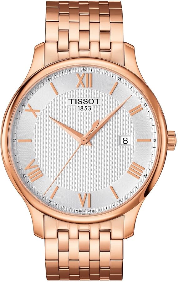 Tissot T-Classic Tradition rose gold men's watch with silver dial and Roman numeral markers