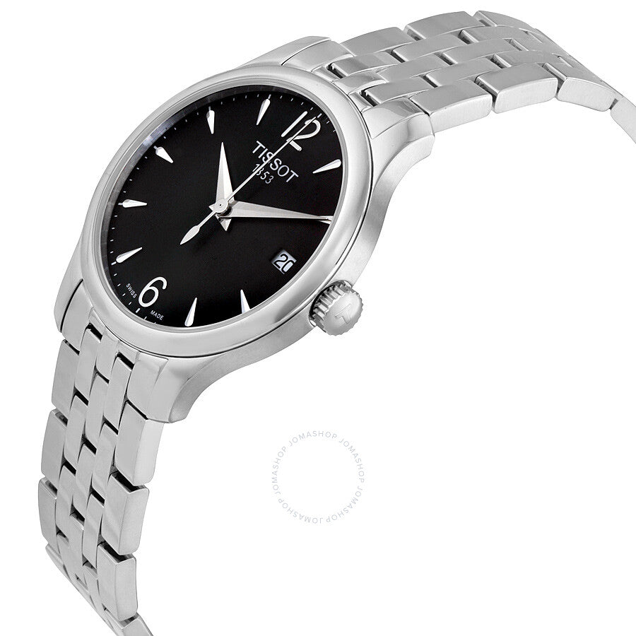 Tissot T-Classic Tradition watch at angle showing black dial and stainless steel bracelet