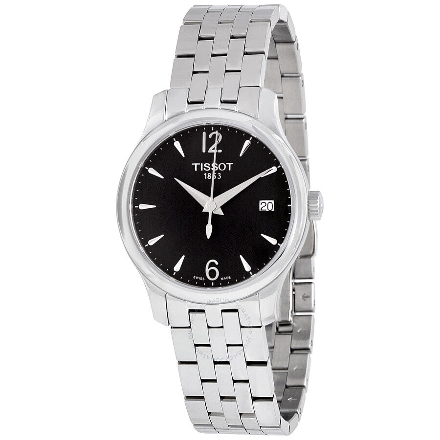 Tissot T-Classic Tradition stainless steel watch with black dial and Arabic numerals
