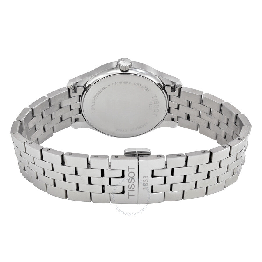 Tissot T-Classic Tradition watch case back with stainless steel bracelet visible