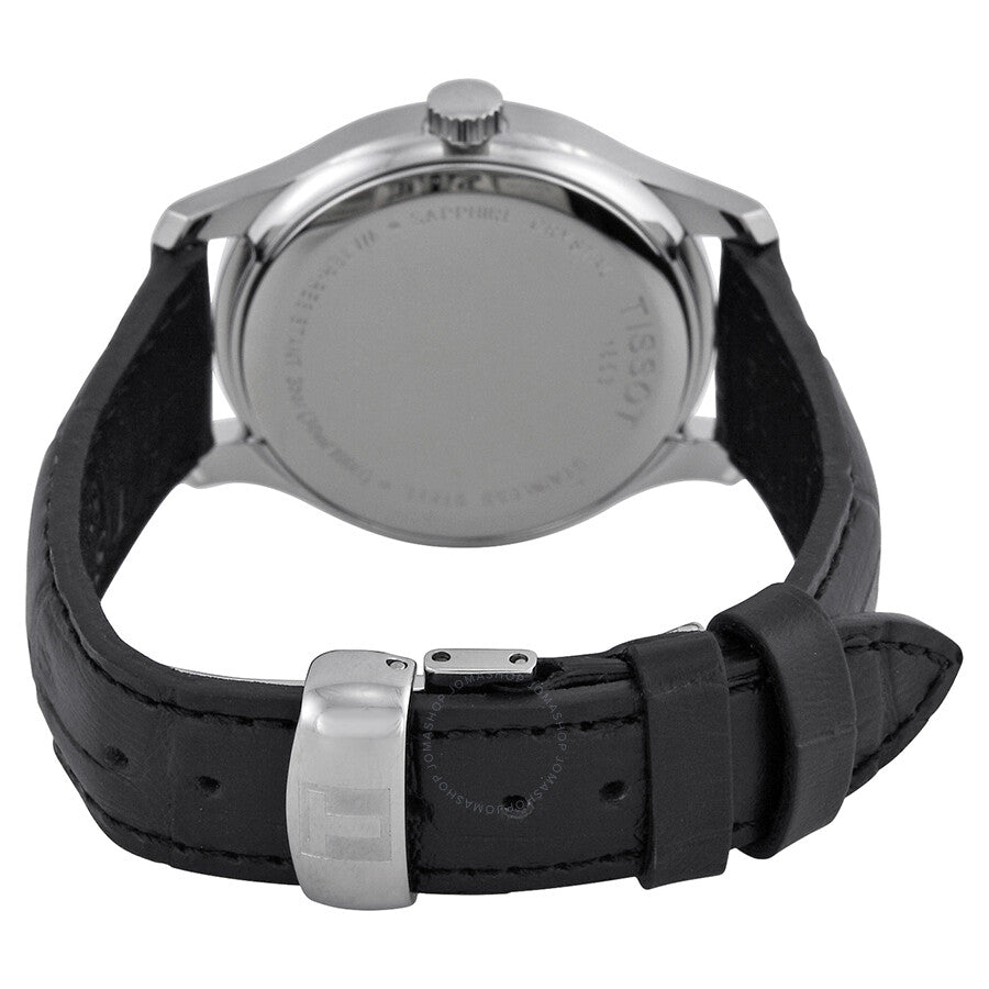 Tissot T-Classic Tradition watch caseback view showing stainless steel case and black strap