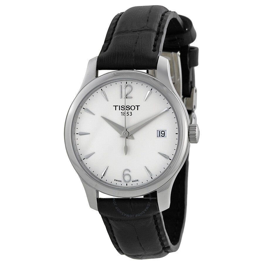 Tissot T-Classic Tradition silver dial ladies watch with black leather strap