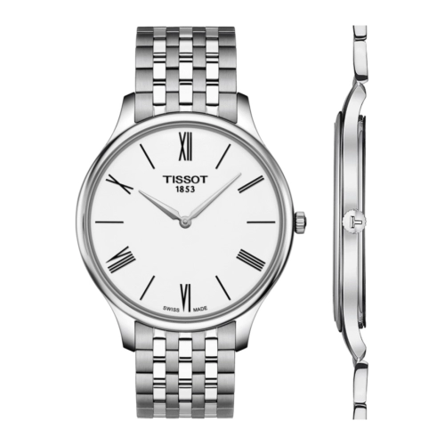 Tissot T Classic Tradition watch shown front and side view with steel mesh bracelet