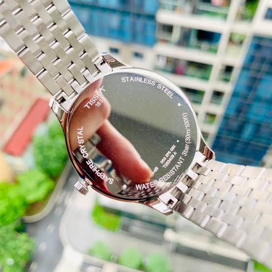 Caseback view of Tissot T Classic Tradition showing stainless steel with engraved details