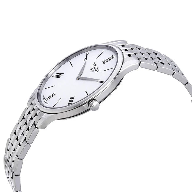 Side profile of Tissot T Classic Tradition watch with slim steel case and integrated bracelet