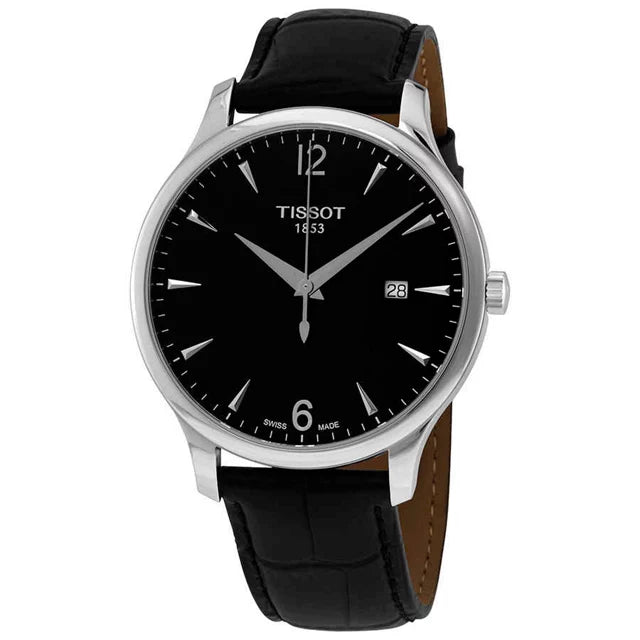 Tissot T Classic Tradition watch displayed at three-quarter angle showing black dial and black leather strap