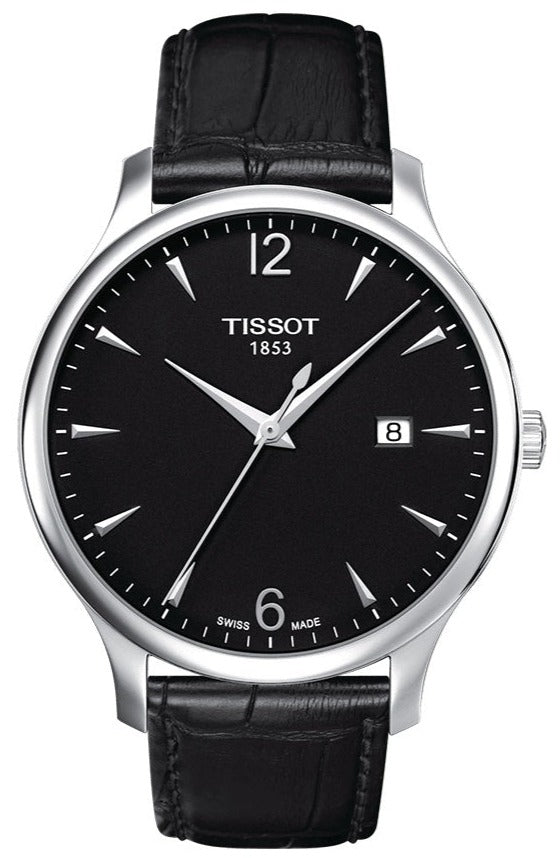 Tissot T Classic Tradition black dial watch with silver hands and leather strap