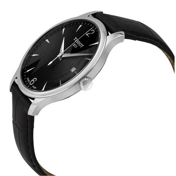 Tissot T Classic Tradition watch shown from side profile with black leather strap