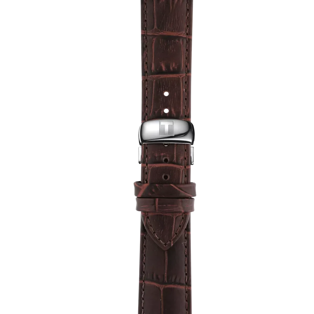 Brown crocodile leather strap of Tissot T-Classic Tradition watch with steel buckle