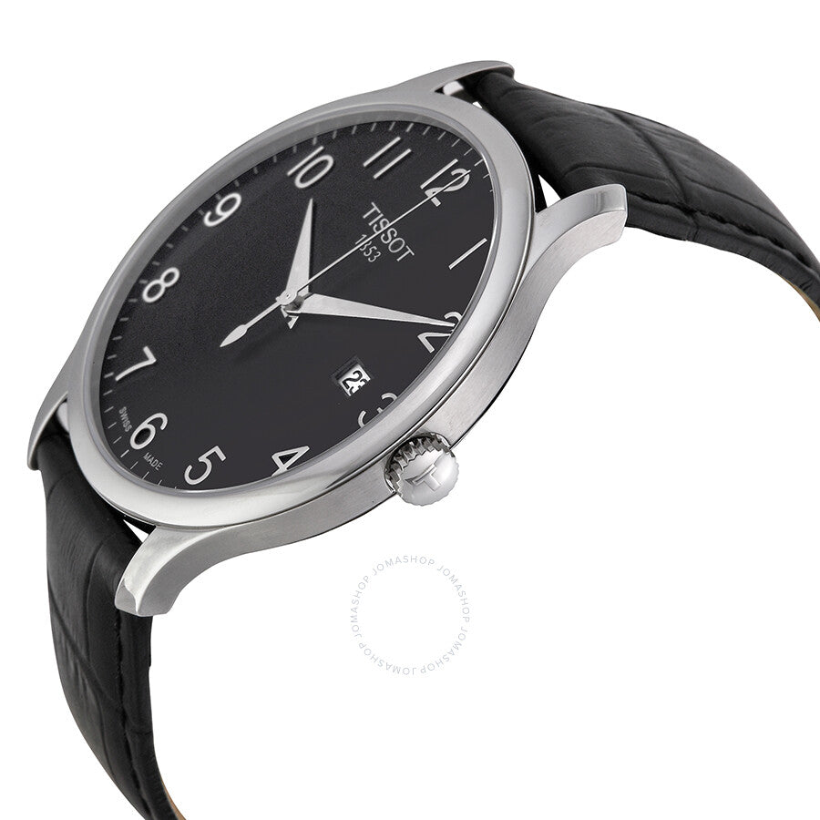 Tissot T-Classic Tradition watch shown at angle with black leather strap and stainless steel case