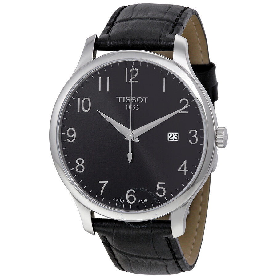 Tissot T-Classic Tradition men's watch with black dial, Arabic numerals, and black leather strap