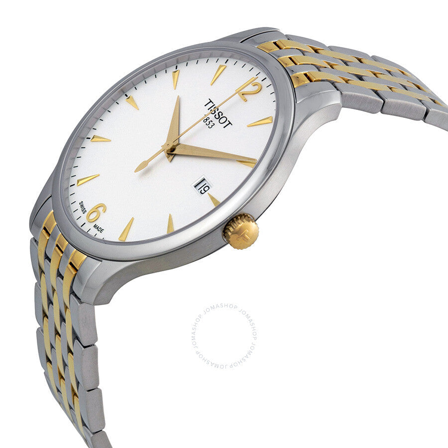 Tissot T-Classic Tradition watch side view showing two-tone bracelet and white dial