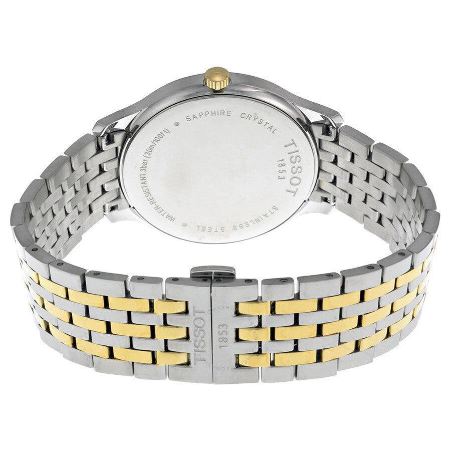 Tissot T-Classic Tradition sapphire crystal caseback with two-tone steel and gold bracelet