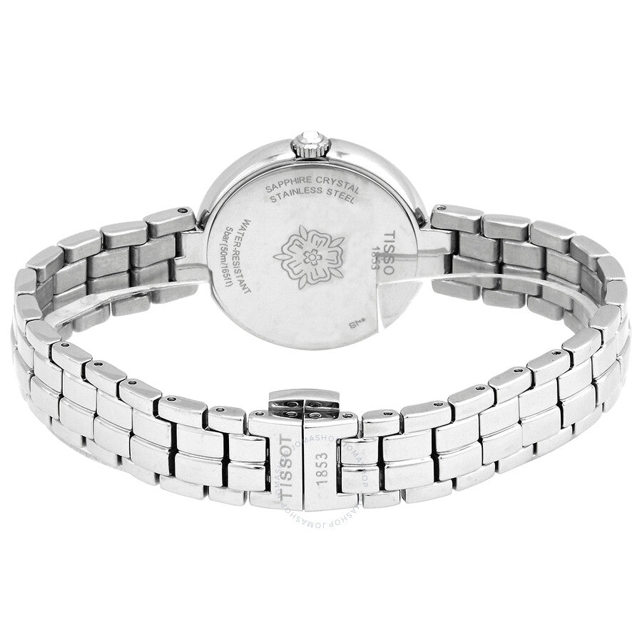 Caseback of Tissot T-Lady Flamingo showing sapphire crystal and stainless steel bracelet