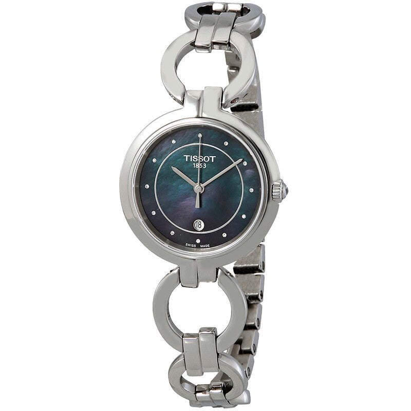 Angled view of Tissot T-Lady Flamingo women's watch featuring diamond hour markers and date window
