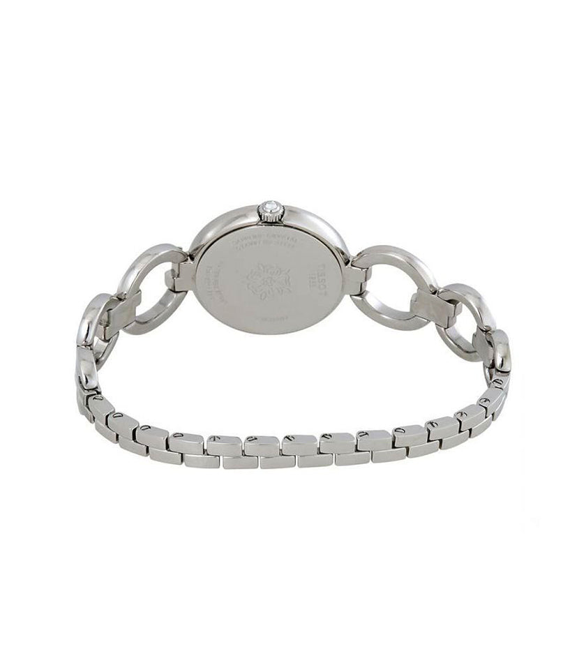 Case back view of Tissot T-Lady Flamingo watch showing stainless steel bracelet from behind