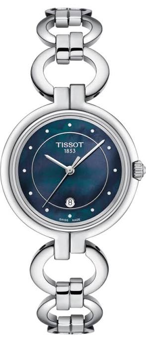 Tissot T-Lady Flamingo quartz watch with stainless steel bracelet and blue MOP dial