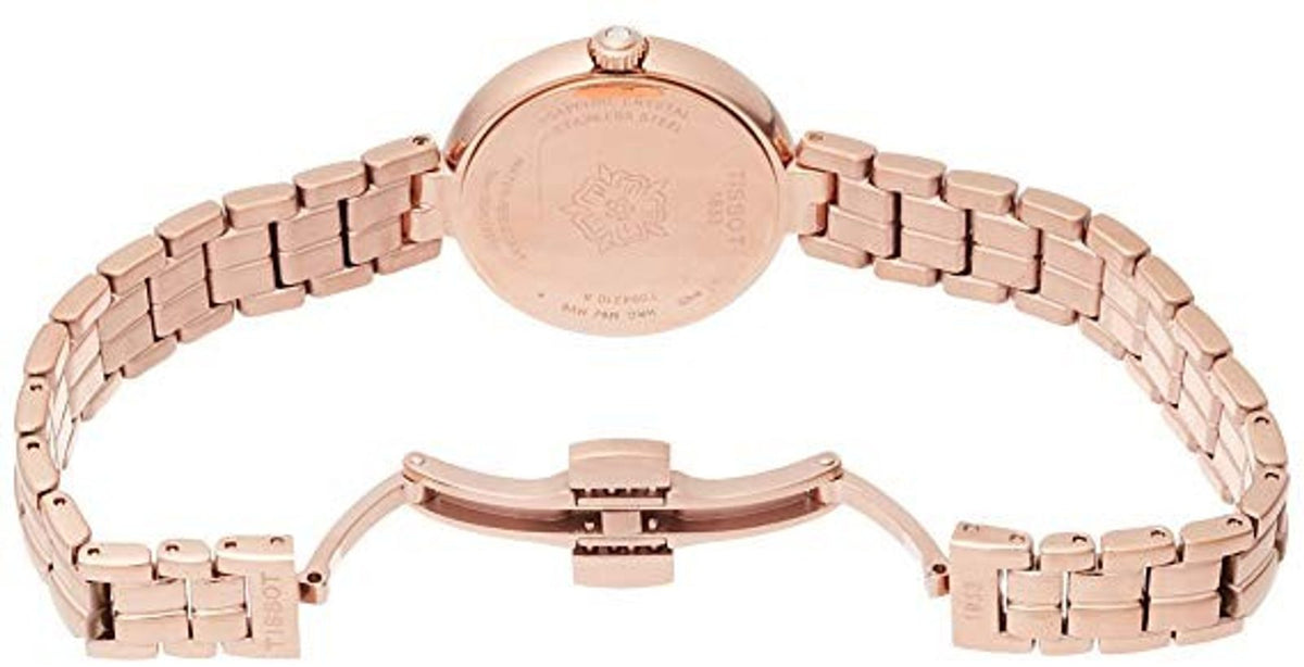 Tissot T-Lady Flamingo rose gold caseback with engraved branding