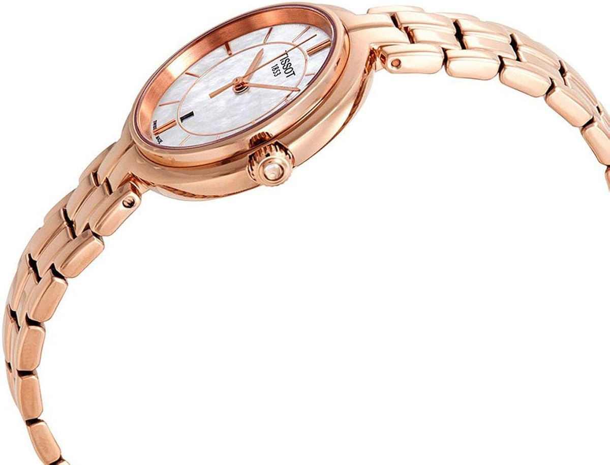 Tissot T-Lady Flamingo rose gold watch shown from side angle