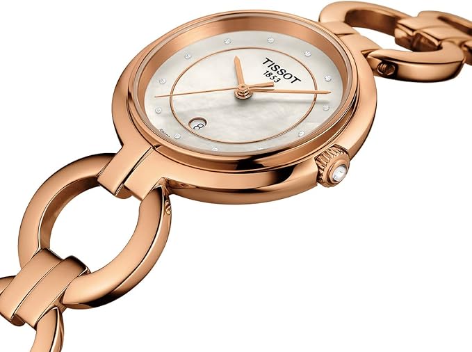 Tissot T-Lady Flamingo angled view showing white dial with diamond accents and rose gold case