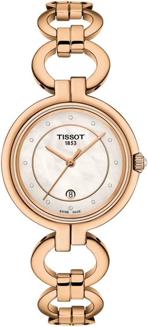Tissot T-Lady Flamingo rose gold watch with white dial, diamond hour markers, and linked bracelet
